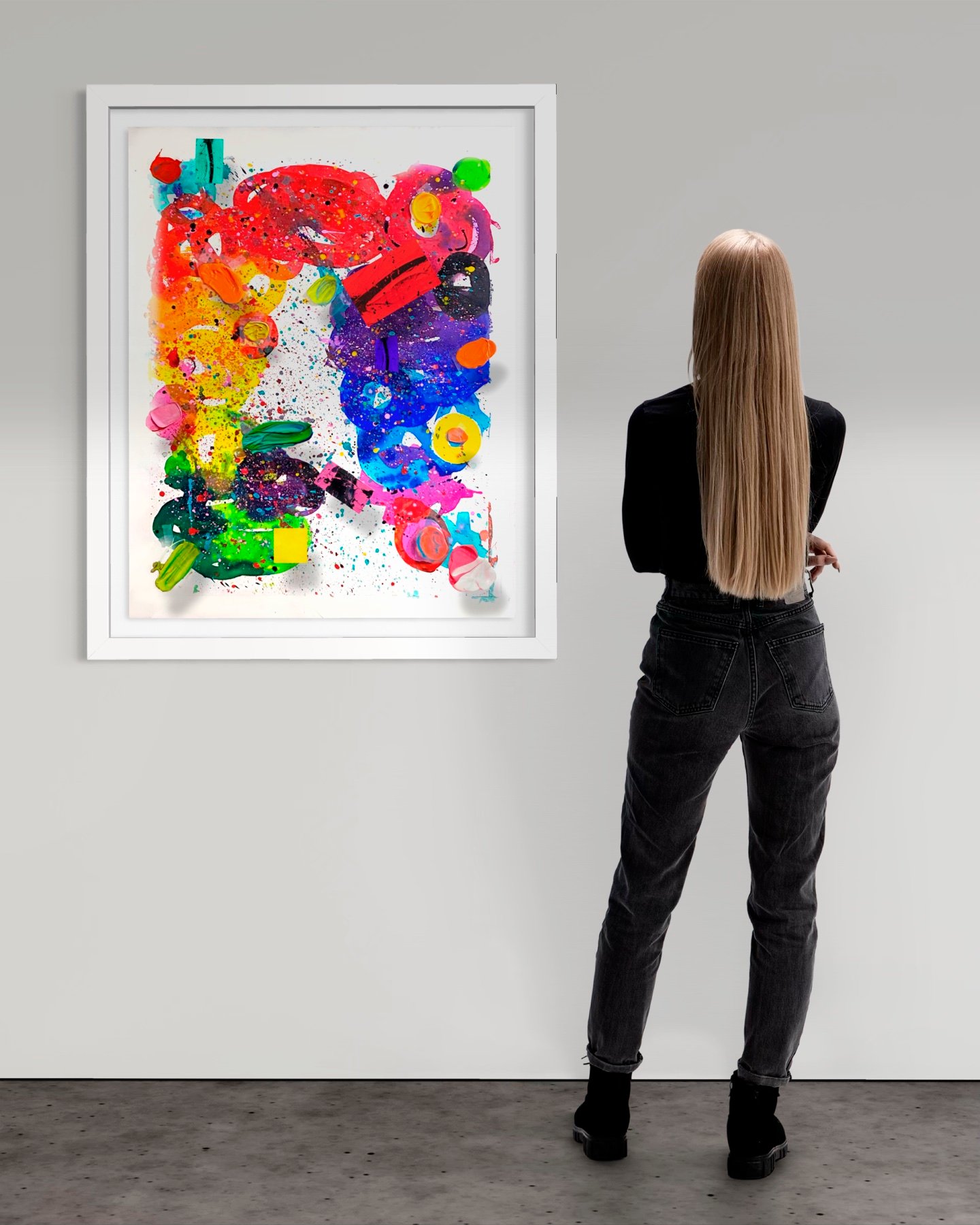 Room visualization of Palette Two in a white frame beside a viewer